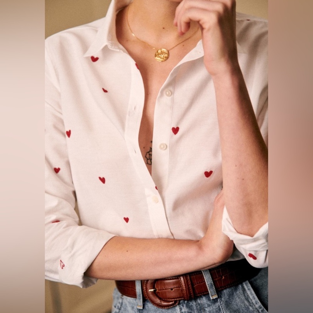 Sézane Tomboy Shirt, Embroidered Hearts